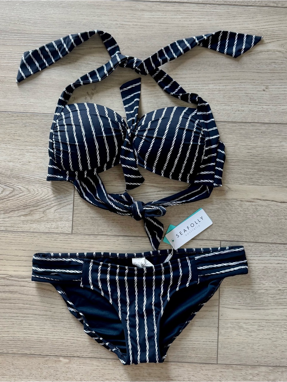 Seafolly Australia Halter Bikini Top & Bottom Set Nautical Striped US size 10